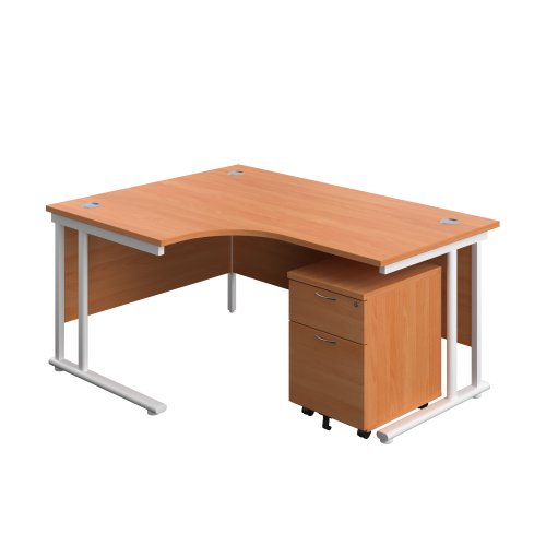 Twin Upright Left Hand Radial Desk + Mobile 2 Drawer Pedestal (FSC) 1600X1200 Beech/White