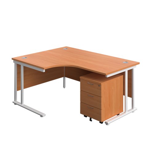 Twin Upright Left Hand Radial Desk + Mobile 3 Drawer Pedestal (FSC) 1600X1200 Beech/White