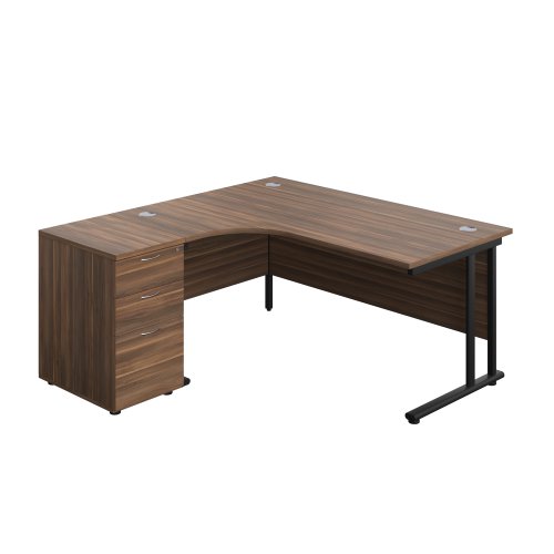 Twin Upright Left Hand Radial Desk + Desk High 3 Drawer Pedestal (FSC) 1600X1200 600mm Deep Pedestal Dark Walnut/Black