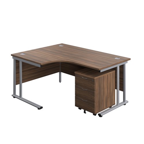 Twin Upright Left Hand Radial Desk + Mobile 3 Drawer Pedestal (FSC) 1600X1200 Dark Walnut/Silver