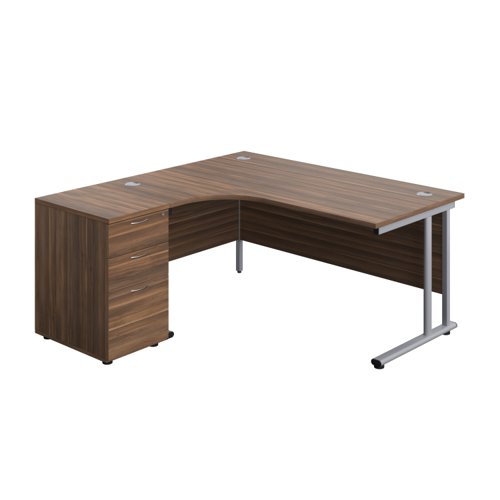 Twin Upright Left Hand Radial Desk + Desk High 3 Drawer Pedestal (FSC) 1600X1200 600mm Deep Pedestal Dark Walnut/Silver