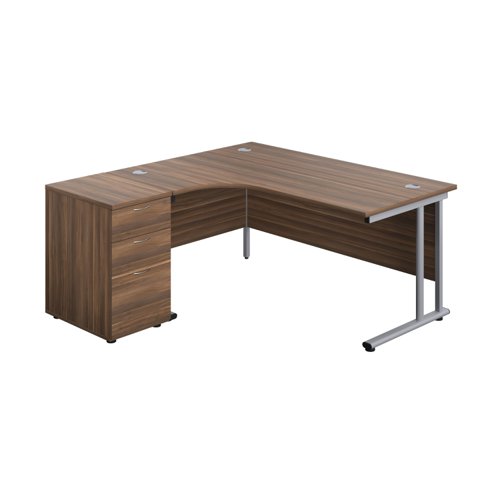 Twin Upright Left Hand Radial Desk + Desk High 3 Drawer Pedestal 1600X1200 600mm Deep Pedestal Dark Walnut/Silver