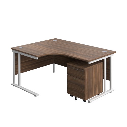 Twin Upright Left Hand Radial Desk + Mobile 2 Drawer Pedestal (FSC) 1600X1200 Dark Walnut/White
