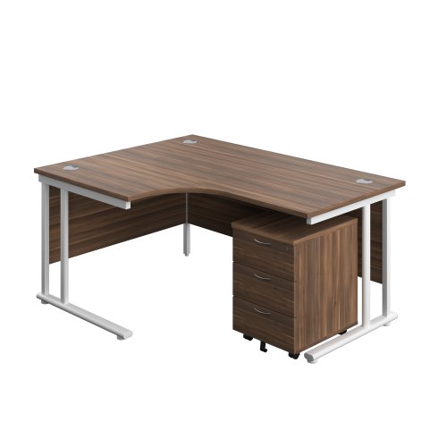 Twin Upright Left Hand Radial Desk + Mobile 3 Drawer Pedestal (FSC) 1600X1200 Dark Walnut/White