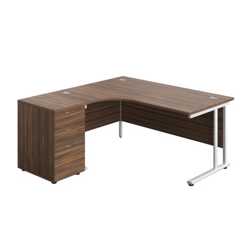 Twin Upright Left Hand Radial Desk + Desk High 3 Drawer Pedestal (FSC) 1600X1200 600mm Deep Pedestal Dark Walnut/White
