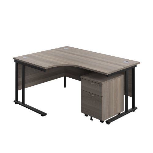 Twin Upright Left Hand Radial Desk + Mobile 2 Drawer Pedestal (FSC) 1600X1200 Grey Oak/Black