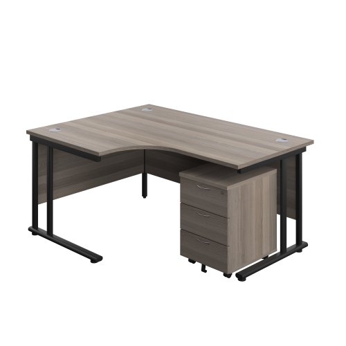 Twin Upright Left Hand Radial Desk + Mobile 3 Drawer Pedestal (FSC) 1600X1200 Grey Oak/Black