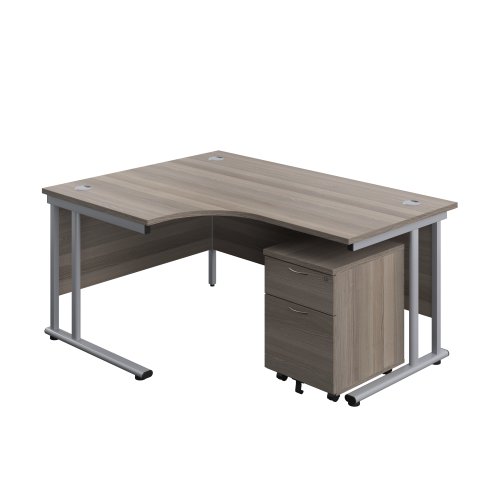 Twin Upright Left Hand Radial Desk + Mobile 2 Drawer Pedestal (FSC) 1600X1200 Grey Oak/Silver