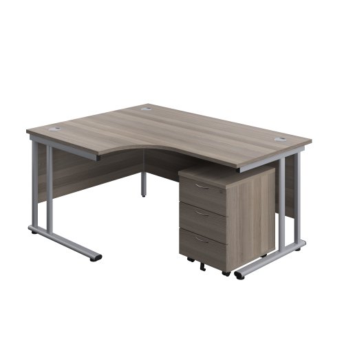 Twin Upright Left Hand Radial Desk + Mobile 3 Drawer Pedestal (FSC) 1600X1200 Grey Oak/Silver