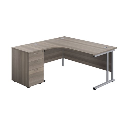 Twin Upright Left Hand Radial Desk + Desk High 3 Drawer Pedestal (FSC) 1600X1200 600mm Deep Pedestal Grey Oak/Silver