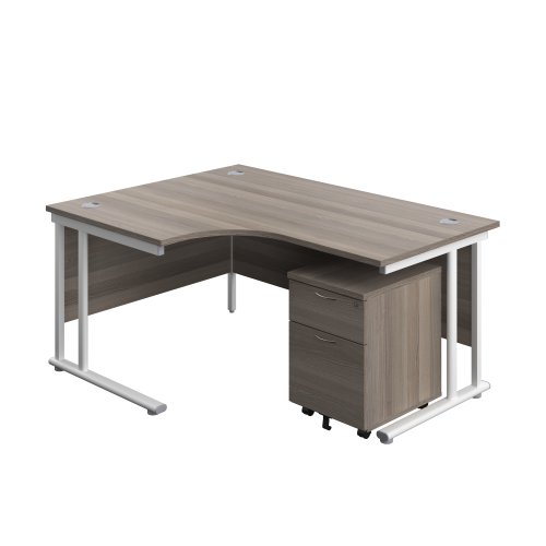 Twin Upright Left Hand Radial Desk + Mobile 2 Drawer Pedestal (FSC) 1600X1200 Grey Oak/White