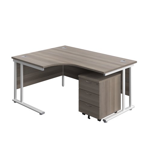 Twin Upright Left Hand Radial Desk + Mobile 3 Drawer Pedestal (FSC) 1600X1200 Grey Oak/White