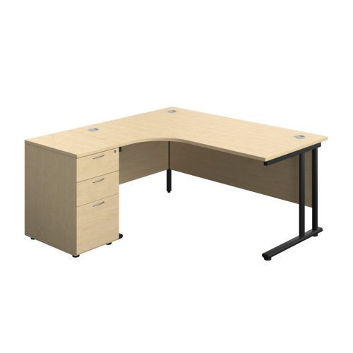 Twin Upright Left Hand Radial Desk + Desk High 3 Drawer Pedestal (FSC) 1600X1200 600mm Deep Pedestal Maple/Black