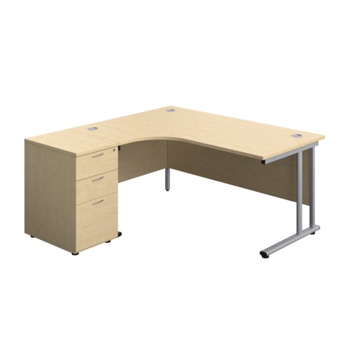 Twin Upright Left Hand Radial Desk + Desk High 3 Drawer Pedestal (FSC) 1600X1200 600mm Deep Pedestal Maple/Silver