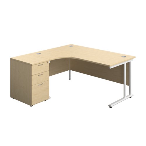 Twin Upright Left Hand Radial Desk + Desk High 3 Drawer Pedestal (FSC) 1600X1200 600mm Deep Pedestal Maple/White