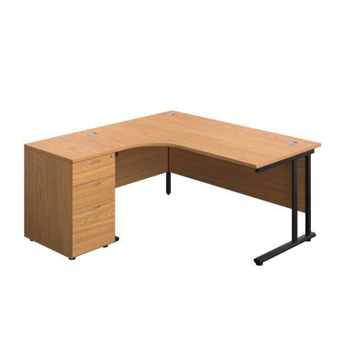 Twin Upright Left Hand Radial Desk + Desk High 3 Drawer Pedestal (FSC) 1600X1200 600mm Deep Pedestal Nova Oak/Black