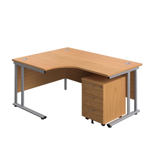 Twin Upright Left Hand Radial Desk + Mobile 3 Drawer Pedestal (FSC) 1600X1200 Nova Oak/Silver