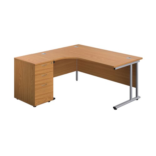 Twin Upright Left Hand Radial Desk + Desk High 3 Drawer Pedestal 1600X1200 600mm Deep Pedestal Nova Oak/Silver