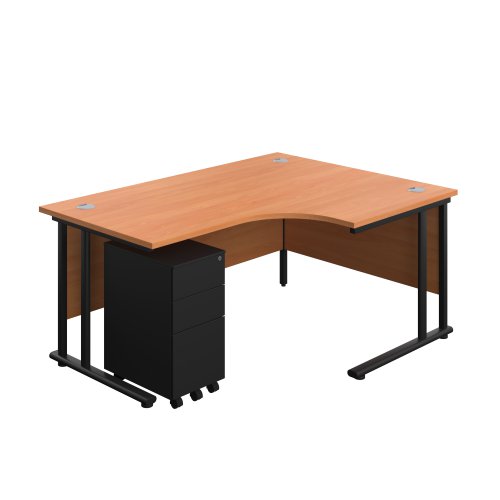Twin Upright Left Hand Radial Desk + Under Desk Steel Pedestal 3 Drawers (FSC) 1600X1200 Beech/Black