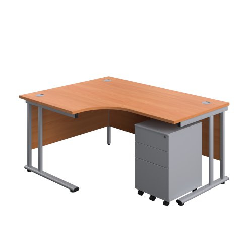 Twin Upright Left Hand Radial Desk + Under Desk Steel Pedestal 3 Drawers (FSC) 1600X1200 Beech/Silver