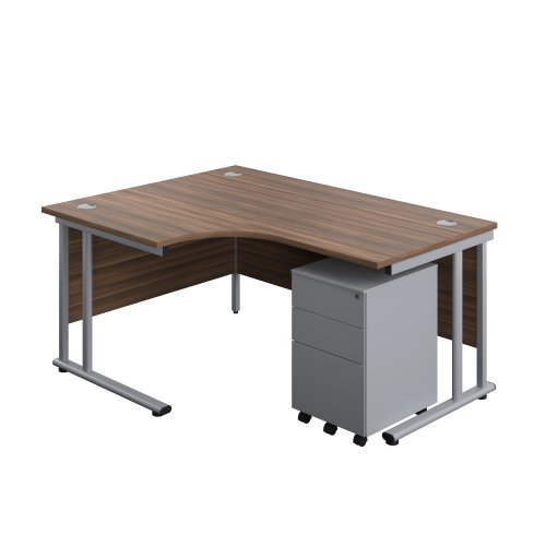 Twin Upright Left Hand Radial Desk + Under Desk Steel Pedestal 3 Drawers (FSC) 1600X1200 Dark Walnut/Silver