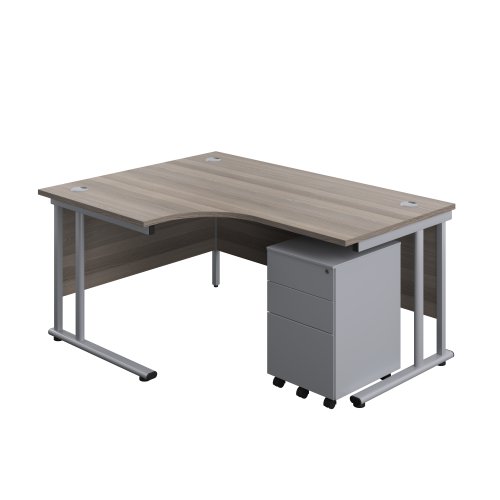 Twin Upright Left Hand Radial Desk + Under Desk Steel Pedestal 3 Drawers (FSC) 1600X1200 Grey Oak/Silver