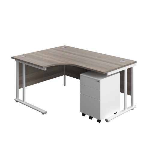 Twin Upright Left Hand Radial Desk + Under Desk Steel Pedestal 3 Drawers (FSC) 1600X1200 Grey Oak/White