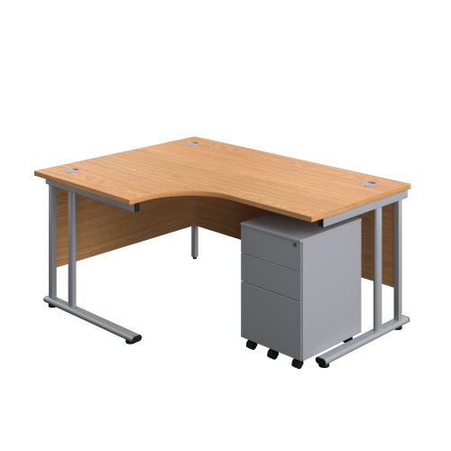 Twin Upright Left Hand Radial Desk + Under Desk Steel Pedestal 3 Drawers (FSC) 1600X1200 Nova Oak/Silver