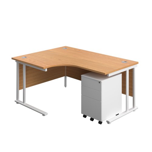 Twin Upright Left Hand Radial Desk + Under Desk Steel Pedestal 3 Drawers (FSC) 1600X1200 Nova Oak/White