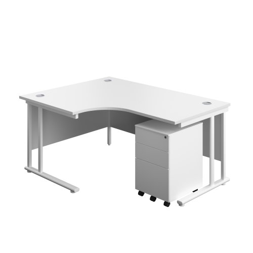 Twin Upright Left Hand Radial Desk + Under Desk Steel Pedestal 3 Drawers (FSC) 1600X1200 White/White