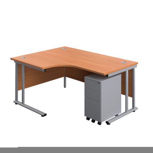 Twin Upright Left Hand Radial Desk + Slimline Steel Pedestal 3 Drawers (FSC) 1600X1200 Beech/Silver