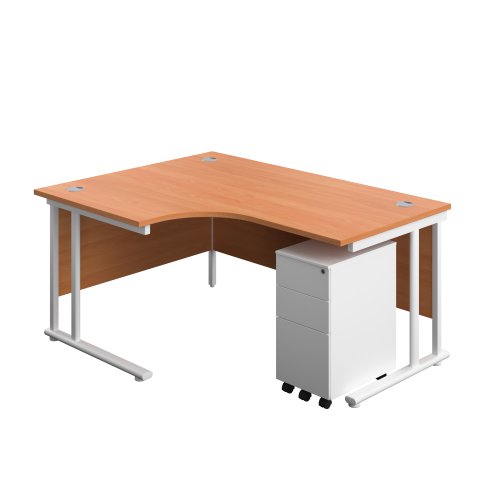 Twin Upright Left Hand Radial Desk + Slimline Steel Pedestal 3 Drawers (FSC) 1600X1200 Beech/White