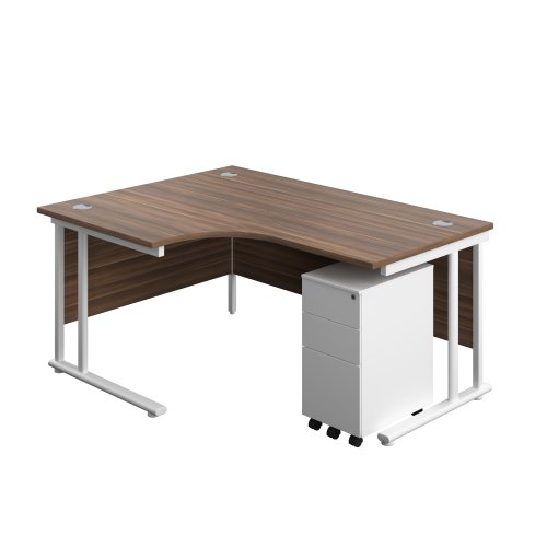 Twin Upright Left Hand Radial Desk + Slimline Steel Pedestal 3 Drawers (FSC) 1600X1200 Dark Walnut/White