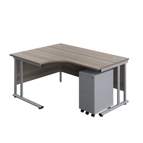Twin Upright Left Hand Radial Desk + Slimline Steel Pedestal 3 Drawers (FSC) 1600X1200 Grey Oak/Silver