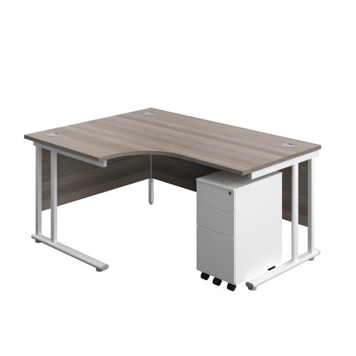 Twin Upright Left Hand Radial Desk + Slimline Steel Pedestal 3 Drawers (FSC) 1600X1200 Grey Oak/White