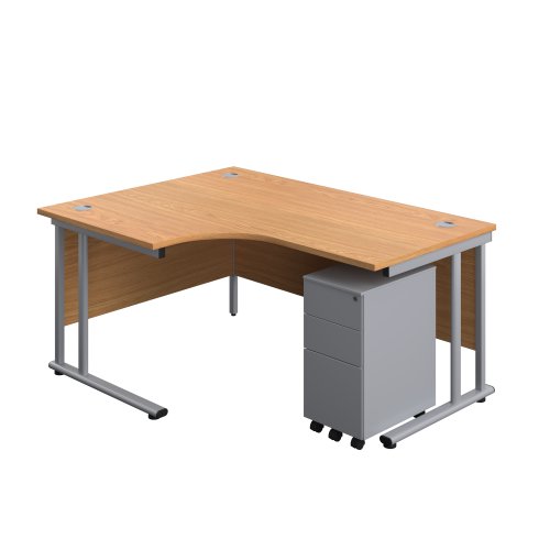 Twin Upright Left Hand Radial Desk + Slimline Steel Pedestal 3 Drawers (FSC) 1600X1200 Nova Oak/Silver