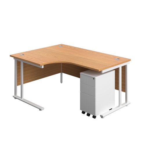 Twin Upright Left Hand Radial Desk + Slimline Steel Pedestal 3 Drawers (FSC) 1600X1200 Nova Oak/White