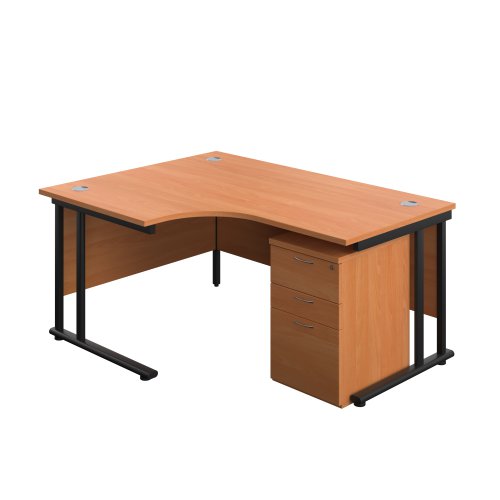 Twin Upright Left Hand Radial Desk + High Mobile Pedestal 3 Drawer (FSC) 1600X1200 Beech/Black