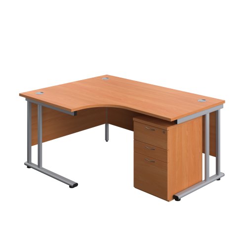 Twin Upright Left Hand Radial Desk + High Mobile Pedestal 3 Drawer (FSC) 1600X1200 Beech/Silver