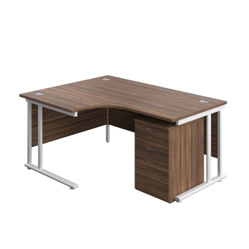 Twin Upright Left Hand Radial Desk + High Mobile Pedestal 3 Drawer (FSC) 1600X1200 Dark Walnut/White