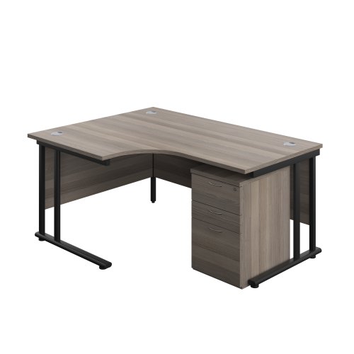 Twin Upright Left Hand Radial Desk + High Mobile Pedestal 3 Drawer (FSC) 1600X1200 Grey Oak/Black