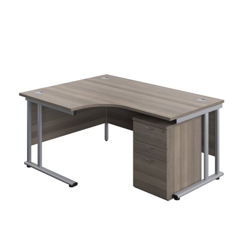 Twin Upright Left Hand Radial Desk + High Mobile Pedestal 3 Drawer (FSC) 1600X1200 Grey Oak/Silver