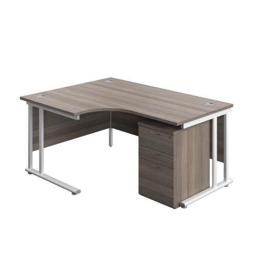 Twin Upright Left Hand Radial Desk + High Mobile Pedestal 3 Drawer (FSC) 1600X1200 Grey Oak/White