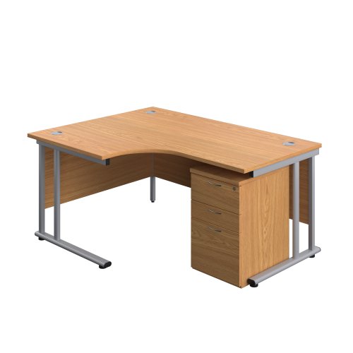 Twin Upright Left Hand Radial Desk + High Mobile Pedestal 3 Drawer (FSC) 1600X1200 Nova Oak/Silver