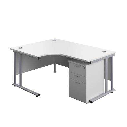 Twin Upright Left Hand Radial Desk + High Mobile Pedestal 3 Drawer (FSC) 1600X1200 White/Silver