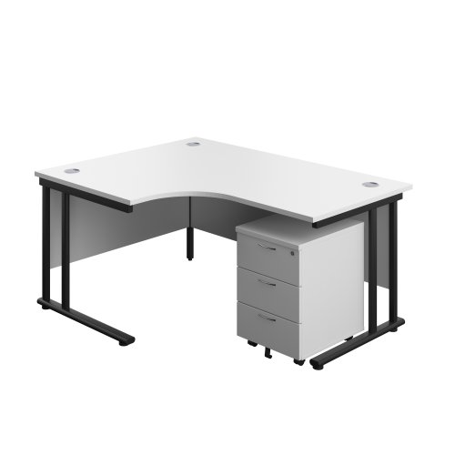 Twin Upright Left Hand Radial Desk + Mobile 3 Drawer Pedestal (FSC) 1600X1200 White/Black
