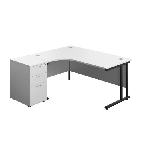 Twin Upright Left Hand Radial Desk + Desk High 3 Drawer Pedestal (FSC) 1600X1200 600mm Deep Pedestal White/Black
