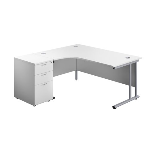 Twin Upright Left Hand Radial Desk + Desk High 3 Drawer Pedestal 1600X1200 600mm Deep Pedestal White/Silver