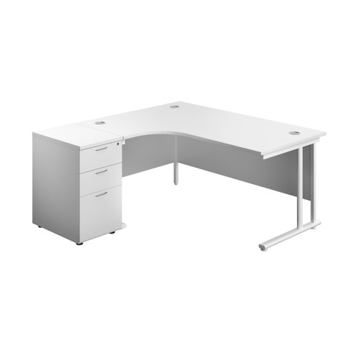 Twin Upright Left Hand Radial Desk + Desk High 3 Drawer Pedestal 1600X1200 600mm Deep Pedestal White/White