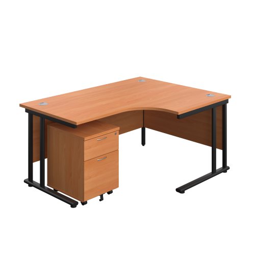 Twin Upright Right Hand Radial Desk + Mobile 2 Drawer Pedestal (FSC) 1600X1200 Beech/Black